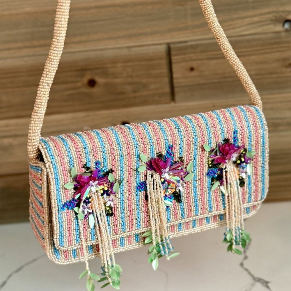 Beaded Stripe Floral Tassel Baguette Shoulder Bag.